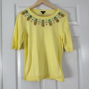 Talbots Yellow Pineapple Embroidered Short Sleeve Knit Top Sweater NEW
